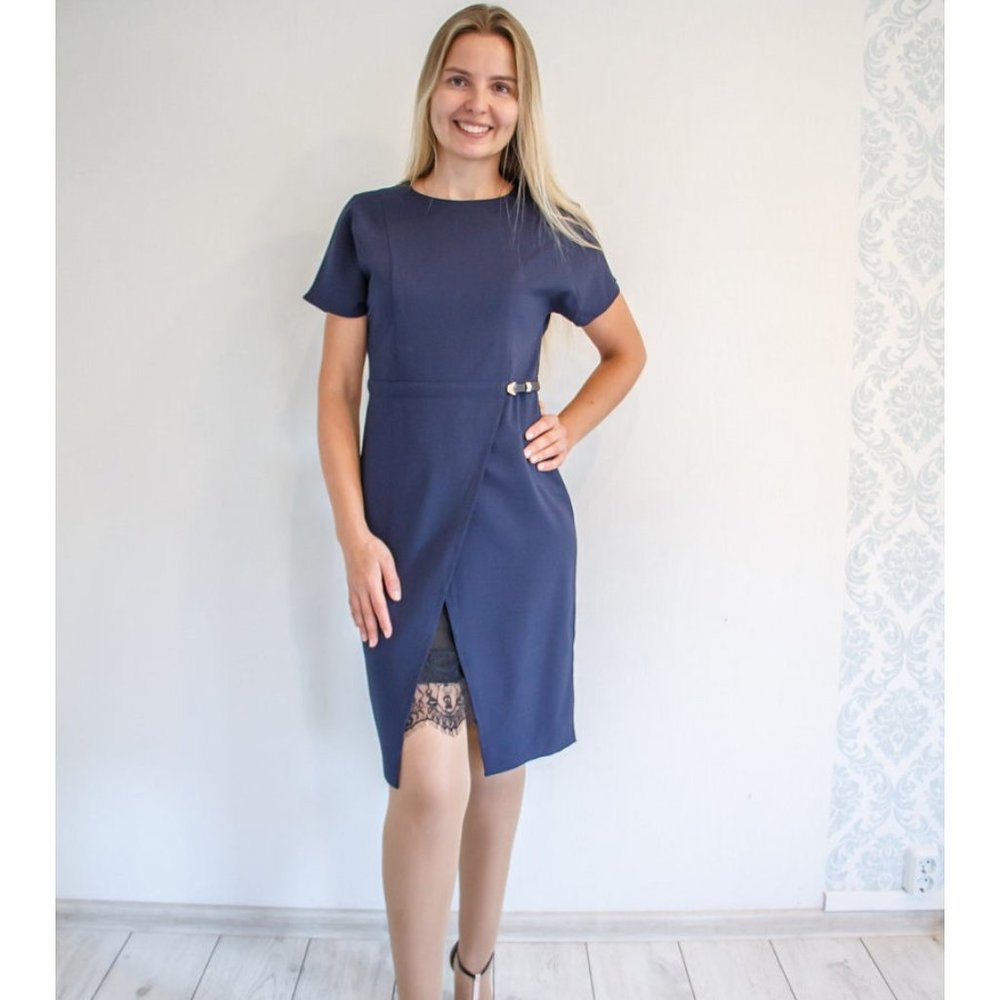 Elegant belted mid length office dress, navy blue, lace detail
